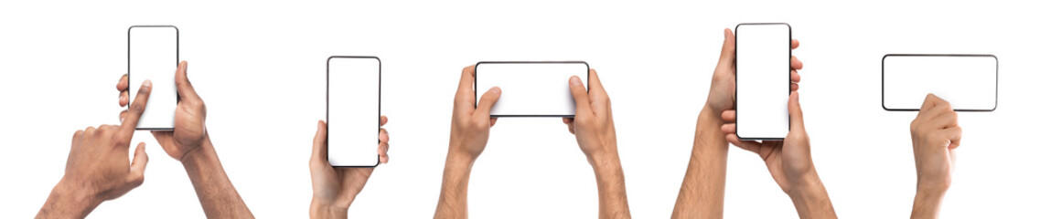 Device Demonstration. Collection of male hands holding mobile phone with empty screen in different...