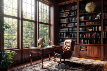 Timeless Library: A classic library with natural light, complete with a traditional desk, a globe, and shelves lined with books creates an atmosphere of wisdom and tranquility.