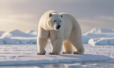 Albino polar bear stands on arctic ice floe, sunlight glinting off its fur , solitary, animal, ice