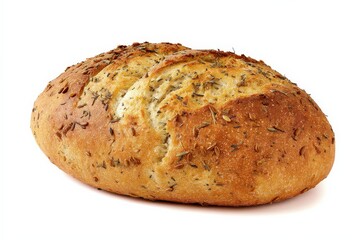 A loaf of crusty artisan bread, speckled with herbs and seeds. Golden-brown and delicious!