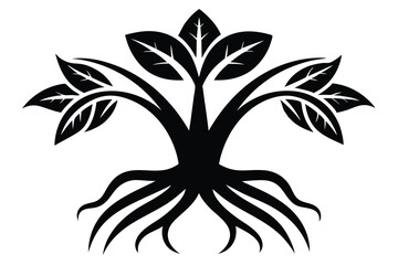 Stylized Black Tree with Leaves and Roots Design Graphic Illustration