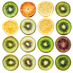 Fototapeta premium Sliced citrus and kiwi grid on a white background. Bright green, orange, and yellow circles in neat rows. Freshness and healthy lifestyle energy. Ideal for food branding, nutrition ads