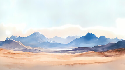 Naklejka premium Vast Desert Landscape: A serene and ethereal desert landscape unfolds beneath a vast sky, where the majestic silhouette of distant mountains evokes a sense of tranquility and boundless possibility.