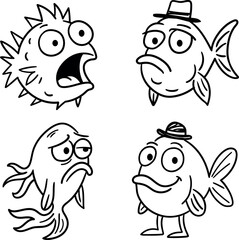 Funny cartoon fish with different facial expressions.
A set of black and white contour illustrations of four fish with vivid emotions: fright, sadness, discontent and joy. 