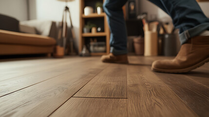 Person Walking on Wooden Floor in a Cozy Living Room