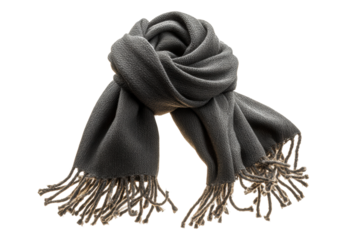PNG Elegant gray winter scarf with fringe details on black background