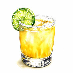 Invigorating Citrus Cocktail: An expertly crafted watercolor illustration showcases a refreshing cocktail garnished with a vibrant lime slice.