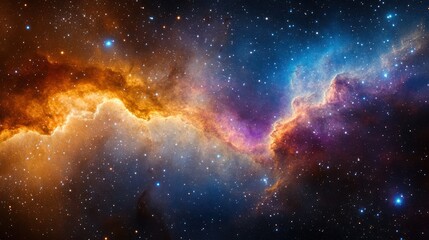 Naklejka premium Vibrant cosmic nebula with glowing orange, purple and blue gases surrounded by countless bright stars in deep space