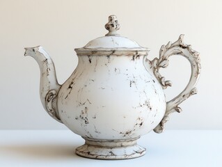 Vintage, ornate white teapot with distressed finish