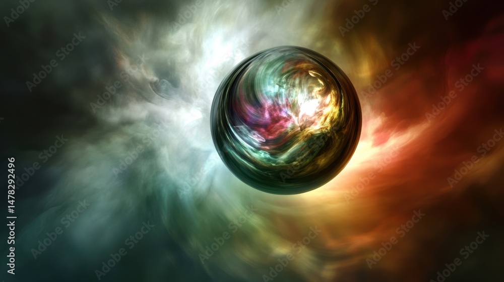 Poster surreal abstract cosmic scene with colorful sphere surrounded by ethereal clouds