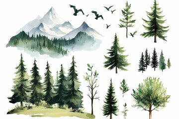 Fototapeta premium Mountain Forest Illustration: A serene watercolor illustration captures the beauty of a mountain forest landscape, with majestic peaks, lush trees, and soaring birds.