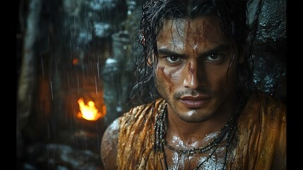 Close-up of a man, rain, fire