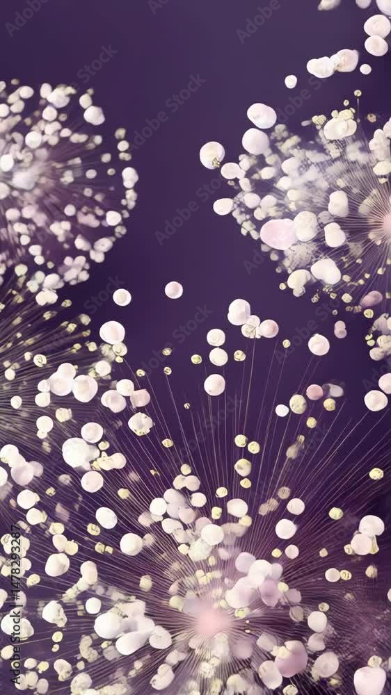 Poster abstract purple background with white orb particles radiating outward, resembling exploding stars, c