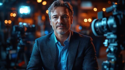 Serious filmmaker in a studio setting
