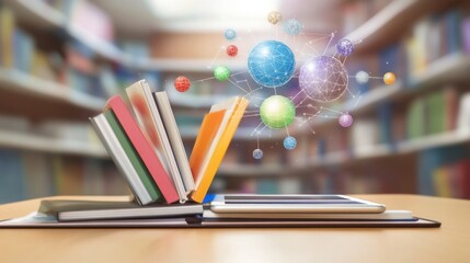 Open books with floating learning concepts in modern library setting