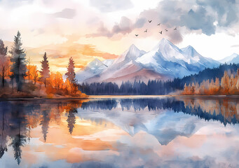 Watercolor Lake Reflection: A breathtaking watercolor landscape depicting a serene lake reflecting majestic snow-capped mountains and vibrant autumn trees.