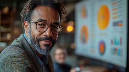 Man smiling, looking at camera, in a meeting