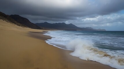 Obraz premium Dramatic Coastal Scene, Sandy Beach Waves Crashing Against Mountainous Shore