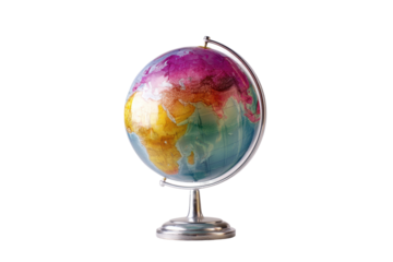 PNG Vibrant painted globe featuring artistic world map on stand