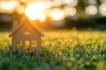Miniature wooden house on lush green grass at sunset