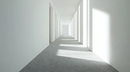 Empty, sunlit corridor extending into the distance.