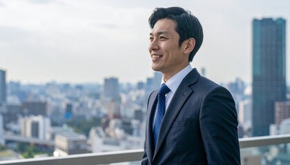 屋上から都会の景色を眺めるビジネスマン