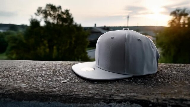 Blank gray snapback cap on stone ledge with sunset sky, city street, cars in background. Template for logo placement, graphic design and apparel design.