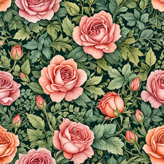 Romantic pink roses with lush green leaves. A classic vintage-style floral design