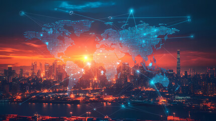 Fototapeta premium Global Cityscape: Futuristic view of a sprawling cityscape at twilight. Enhanced with a network overlay, symbolizes interconnectedness, global reach, and technological advancement.