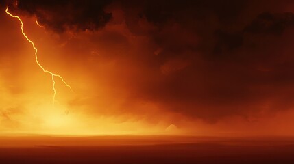 Dramatic Thunderstorm Lightning Strike Over Dark Orange Horizon at Dusk