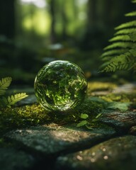Glass Sphere Reflecting Forest Scene on Mossy Stones
