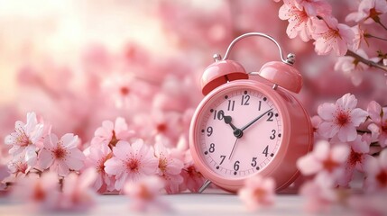 Pink vintage alarm clock surrounded by delicate pink cherry blossoms with soft sunlight creating a serene and gentle springtime atmosphere