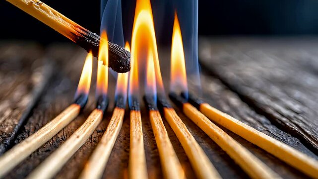 Row of Burning Matches Igniting in Sequence on Wooden Surface Close-Up