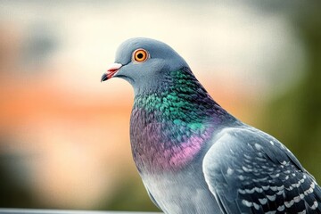 Close-up of a colorful pigeon with bright orange eye and iridescent feathers in shades of green, purple, and grey against a blurred natural background
