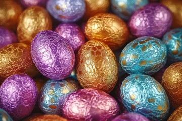 Close-up of assorted colorful foil-wrapped chocolate Easter eggs in purple, blue, and gold hues creating a festive and joyful atmosphere