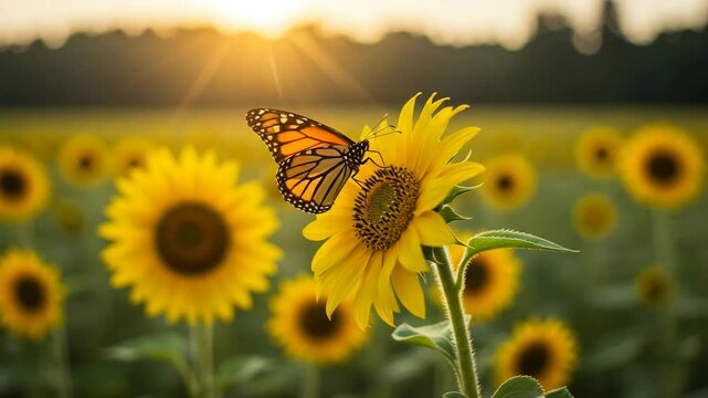 Butterfly resting on sunflower in field during sunset  