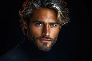 Fototapeta premium Close-up portrait of a young man with wavy highlighted hair, beard, and piercing eyes wearing a black turtleneck against a dark background, expressing confidence