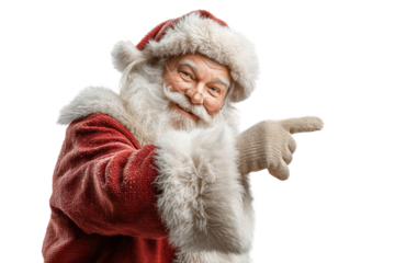 PNG Smiling caucasian mature male santa claus pointing in red suit with white beard and glasses