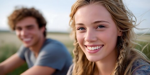 Couple's Radiance in Serenity: A portrait of youthful couple exuding serenity, showcasing natural smiles and a sense of connection amidst the blurred backdrop.