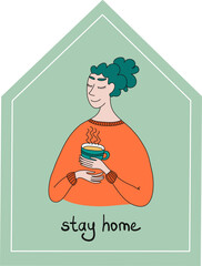 GIRL AT HOME WITH CUP OF TEA. Pandemic of coronavirus and social distancing, self quarantine concept.Adults staying home in self isolation to reduce risk of spreading the corona.