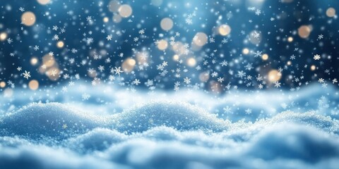 Fototapeta premium Close-up of soft snow-covered ground with gently falling snowflakes and warm glowing light orbs in the background creating a peaceful winter atmosphere