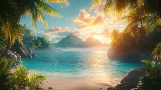 Tranquil tropical beach at sunset with palm trees, calm turquoise water, rocky shoreline, distant misty mountains, and vibrant sky filled with golden clouds