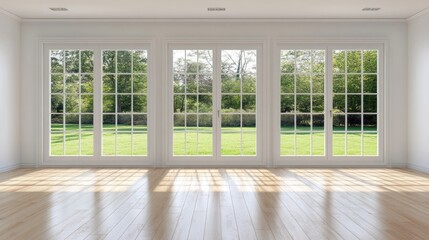 Fototapeta premium Spacious room with large windows overlooking a lush garden.