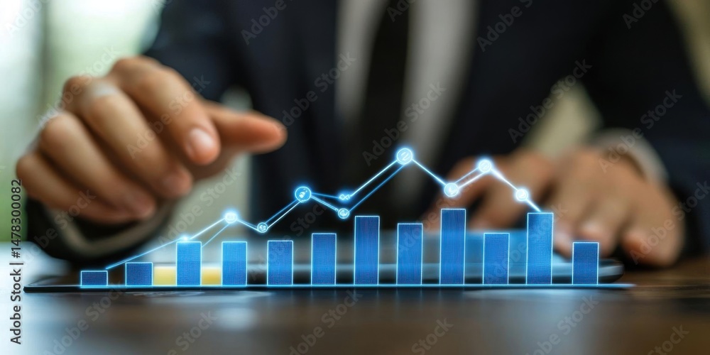Poster analyze digital charts and graphs on table to interpret data trends in business