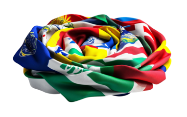 Close up of country flags arranged in Olympic circle style with a folded cloth appearance representing global unity isolated on white background PNG