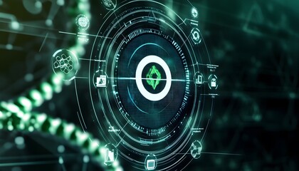 Abstract digital display with concentric circles and icons.