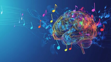 Digital art of brain musical notes flowing out symbolizing cognitive benefits and inspiration through music conceptual vector