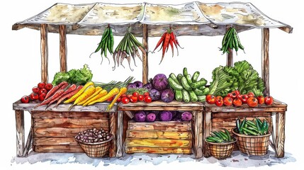 handdrawn farmtotable scene vegetables and market stand .