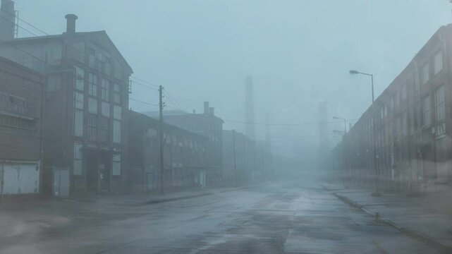 Urban street in fog with industrial buildings at dawn  