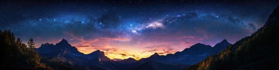 Fototapeta premium Panoramic view of mountain range under a vibrant sunset sky with purple and orange hues and a clear starry night revealing the Milky Way galaxy